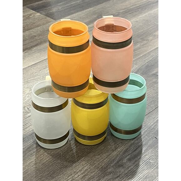 5 Vintage SIESTA WARE Barrel Shaped Frosted Glass Mugs Wood Handles MCM - Picture 3 of 10